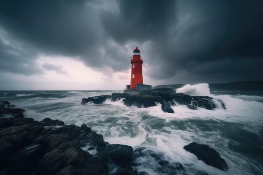 Red Lighthouse on a Rocky Coast during a Stormy Evening - AI Generated