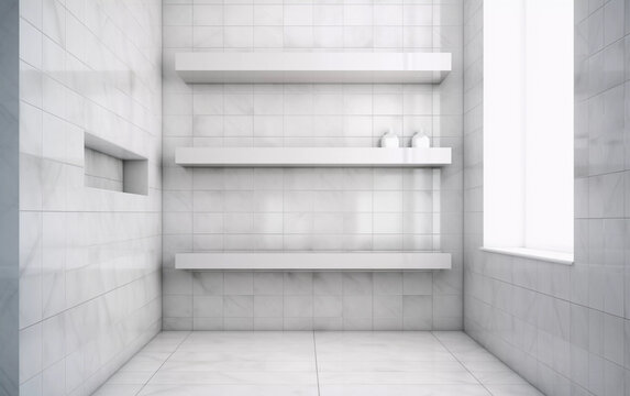 Empty white tile shower shelves in bathroom, Generative AI