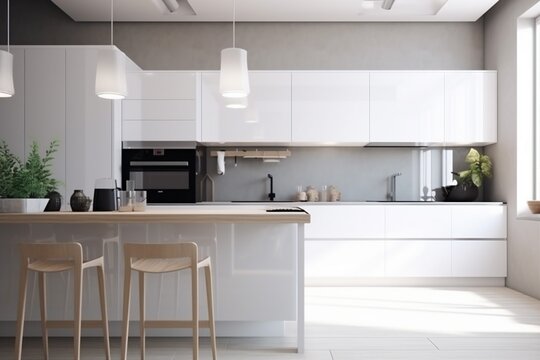 apartment white kitchen nobody comfortable design interior house contemporary modern home. Generative AI.