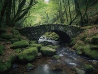 Fototapeta na wymiar Old Stone Bridge in a Lush Forest - AI Generated