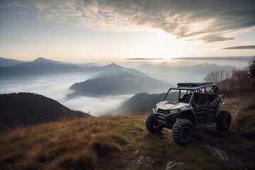 Fototapeta na wymiar off-road vehicle, backed up against breathtaking mountain range with misty clouds in the background, created with generative ai