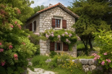 Fototapeta na wymiar traditional stone house, surrounded by lush greenery and blooming flowers, created with generative ai