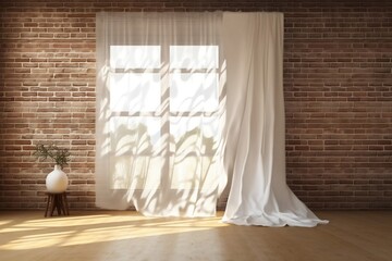 Fototapeta na wymiar Empty luxury brick room with blowing sheer curtain, wooden window in sunlight and leaf shadow for interior decoration. Ai Generated.