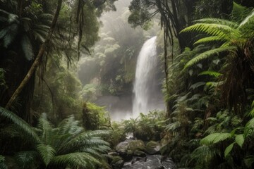 Fototapeta premium majestic waterfall, with misty spray and lush vegetation, created with generative ai