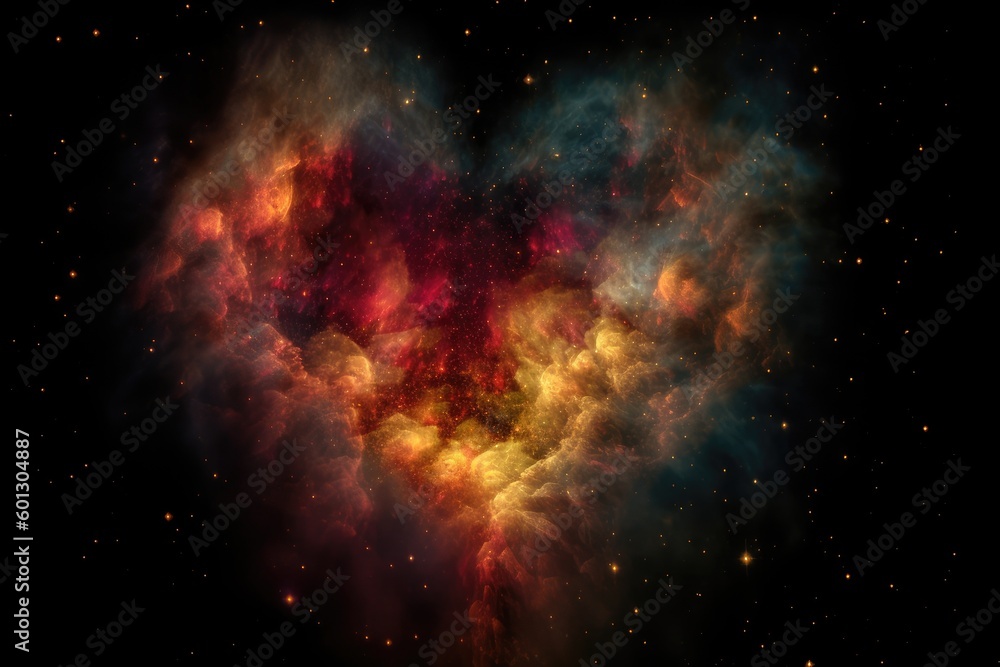 Wall mural heart-shaped nebula with bursts of color and starlight, created with generative ai