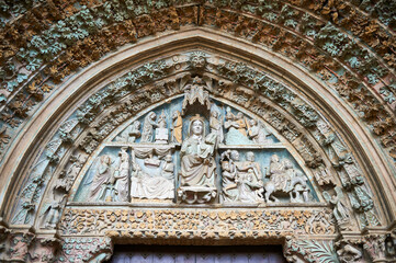 Polychrome Gothic portal of the church of Santa María la Real de Olite with biblical images with...
