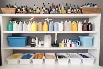 cleaning supplies arranged in tidy and organized display, created with generative ai