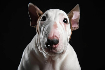 Cute dog bull terrier on a black background, created with Generative AI.