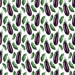 Watercolor seamless pattern with ripe shiny eggplants