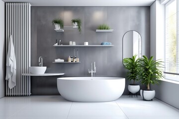 Fototapeta na wymiar Modern loft bathroom with white oval bathtub, chrome shower head, and with marble floor and plant for interior design. Ai Generated.