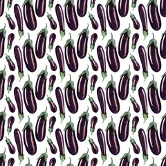 Watercolor seamless pattern with ripe shiny eggplants