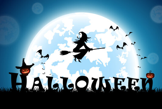 illustration blue background,festival halloween concept,full moon on dark night with many ghost,scarecrow,frankenstein and devil walking to castle for celebration halloween day