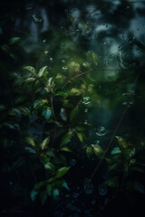 Fototapeta na wymiar A dark, atmospheric photo. The beauty of plants against a rainy window. Abstract interplay of nature and weather. The wet, dark green plants. Cold outside with green ferns and leaves. Generative AI.