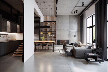 industrial home with minimalist and industrial design elements, clean lines and textures, created with generative ai