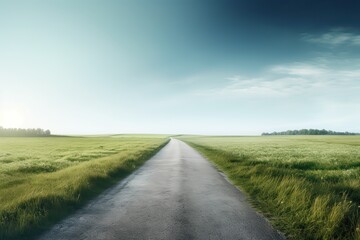 Obraz premium The landscape of grass fields and blue sky road leading off into the distance. Generative Ai.