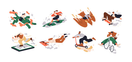 People in motion, action set. Active happy characters rushing, aspiring, riding, flying, surfing, moving at fast speed. Energy concept. Flat graphic vector illustrations isolated on white background
