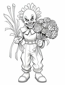 An evil clown holding bouquet of flowers. Black and white drawing. Beautiful illustration picture. Generative AI