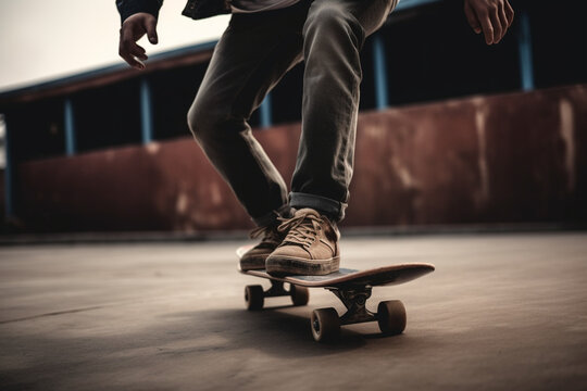 An unrecognizable person riding a skateboard in a skate park demonstrating skill and creativity in a sports activity,