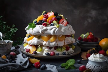 Obraz na płótnie Canvas towering meringue dessert with layers of fruit and cream, created with generative ai