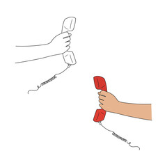 Hand holding handset of vintage landline phone. Line art. Hand drawn vector illustration.