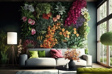 Fototapeta na wymiar a vertical garden of lush greens and bright blooms bring natural beauty to a living room, created with generative ai