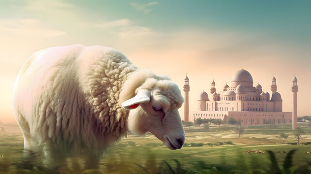 A sheep or goat with mosque background created using Generative AI Technology 