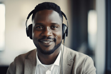 Man in headphones during video conference. Generative ai