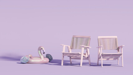 Beach umbrella with chairs and beach accessories, inflatable pink flamingo on purple background. Summer vacation travel concept. Trendy 3d render for social media banners, promotion. summer vibe