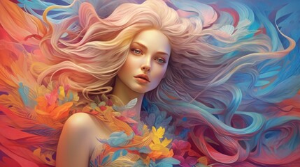 Art of peaceful woman with long hair, colorful. Beautiful illustration picture. Generative AI