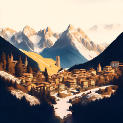 Generative AI italian alpine village vintage postcard