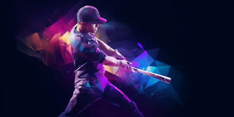Artwork poster or flyer, One professional baseball player in motion and action with bat isolated on dark background with polygonal and fluid neoned elements