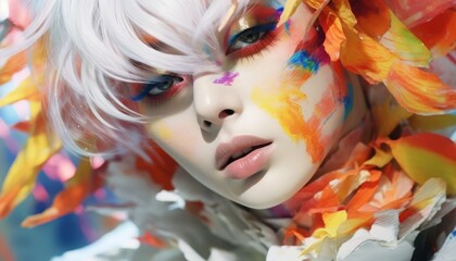 White hair. Abstract portrait of woman that is in the colorful paint. Beautiful illustration picture. Generative AI