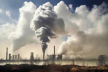 Big factory with huge clouds of dirty smoke, generative ai.