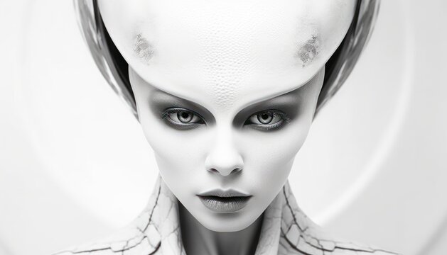Big head, alien like being. Abstract portrait of woman. Beautiful illustration picture. Generative AI
