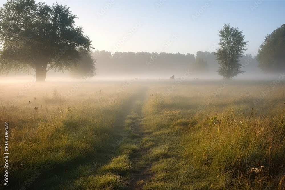 Wall mural trail of footprints leading through meadow, with mist rising up from the ground, created with generative ai