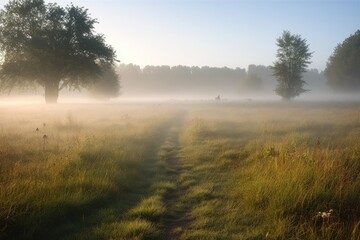 trail of footprints leading through meadow, with mist rising up from the ground, created with generative ai