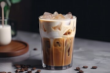 classic iced coffee latte in white cup with hand-drawn designs, created with generative ai - obrazy, fototapety, plakaty