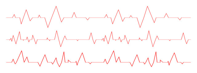Set of heartbeat diagrams. ECG charts isolated on white background. Cardiac rhythm red lines. Cardio test signs. Cardiology hospital symbols
