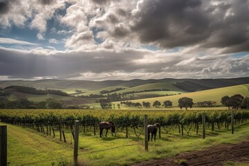Fototapeta na wymiar vineyard with rolling hills, dramatic sky, and horses grazing in the distance, created with generative ai