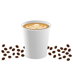 Coffee in a black paper cup with espresso coffee beans illustration