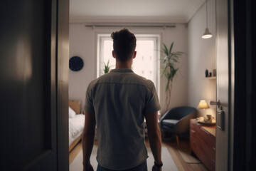 Back rear view of unrecognizable young man walking in his apartment entering new home casual guy standing in doorway of modern flat looking at design interior coming inside selective focus