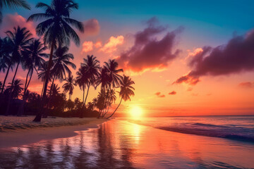 Plakat Palm trees silhouettes on tropical beach at sunset. Generative AI