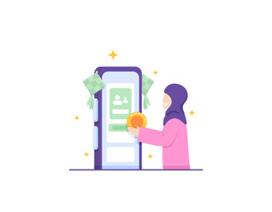 Pay zakat by online. Donate online via the internet. A Muslim woman donates or late money using a mobile app on smartphone. Payments and Technology. Illustration Concept Design. Vector Elements