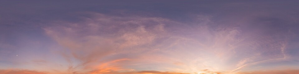 Naklejka na ściany i meble Sunset sky panorama with bright glowing pink Cirrus clouds. HDR 360 seamless spherical panorama. Full zenith or sky dome for 3D visualization, sky replacement for aerial drone panoramas.