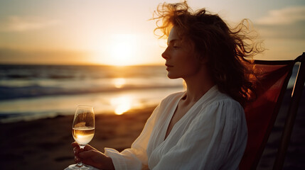 Caucasian woman wearing a flowy white dress sits on a beach chair at sunset - generative AI, AI generated