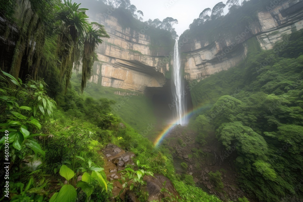 Sticker majestic waterfall, with mist and rainbows cascading down the jungle cliffs, created with generative ai