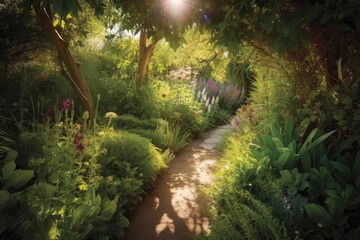 a sun-dappled path through a garden of fresh growth, created with generative ai