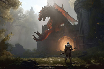 knight in full armour holding a sword with outstretched arms looking at huge dragon with spread wings breathing fire onto the ground, standing in front the ancient ruins of a stone arch. 