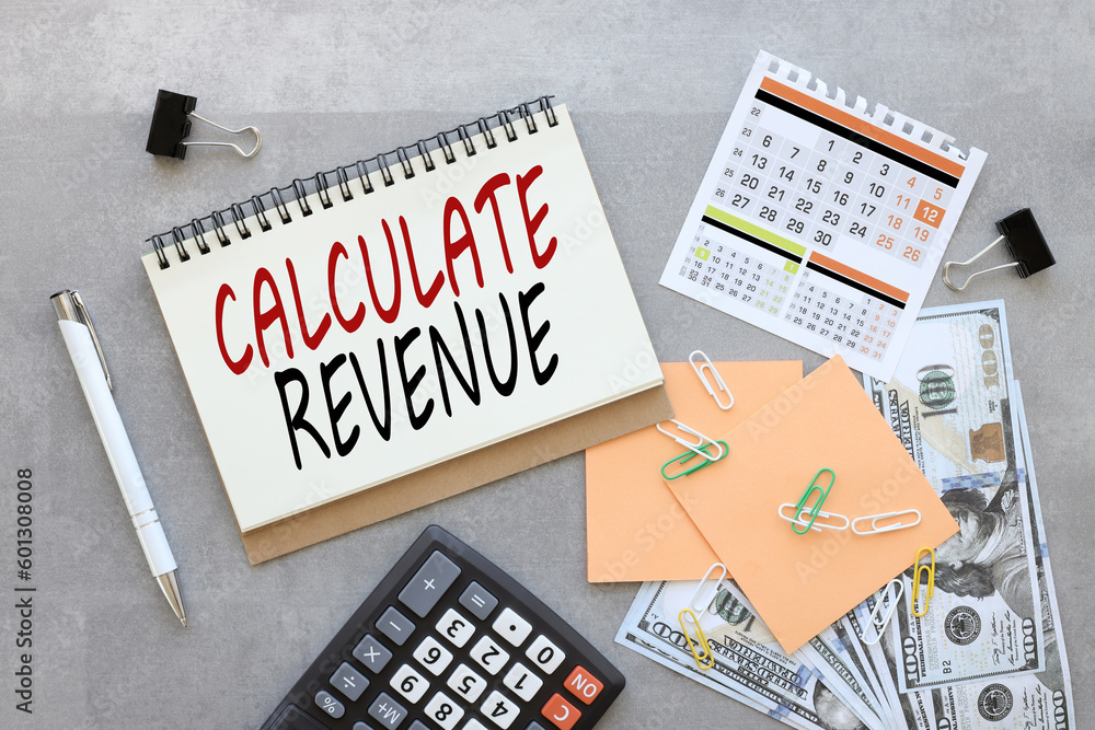 Poster orange sticker calculator calendar. text calculate revenue on notepad with spring.