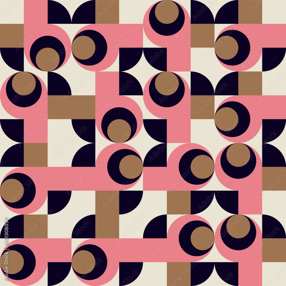 Poster Modern vector abstract  geometric background with circles, rectangles and squares  in retro scandinavian style. Pastel colored simple shapes graphic pattern. Abstract mosaic artwork.